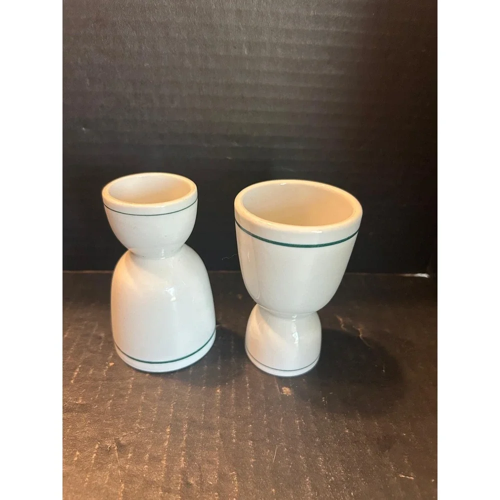 Vintage Ironstone Restaurant Ware China Green Stripe Double Egg Cup Set Of 2